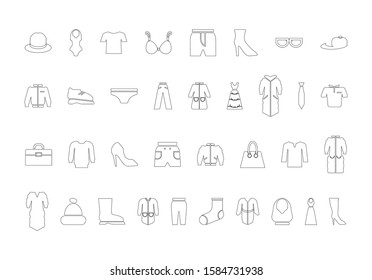 Clothing icon set. Vector contour black and white illustration.