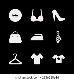 clothing icon. clothing vector icons set women shoes, brassiere, handbag and tie