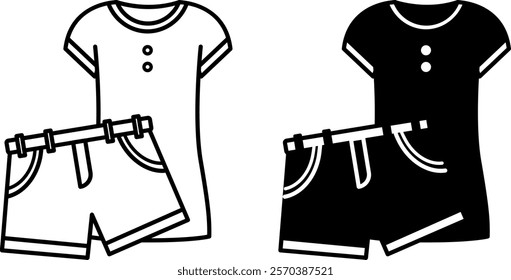 Clothing Icons. Black and White Vector Illustration. Women's T-Shirt and Shorts. Items Worn by People. Fashion Concept