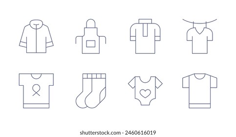 Clothing icons. Editable stroke. Containing winterjacket, ngo, socks, apron, clothes, babyclothes, tshirt, laundry.