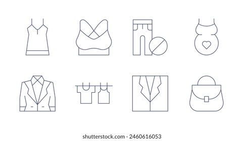 Iconos de ropa. Trazo editable. Con traje, camisón, sujetador deportivo, secado, sin ropa, ropa, bolso, embarazo.