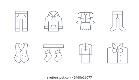 Clothing icons. Editable stroke. Containing pants, vest, hoodie, socks, clothes, clothing, leotard, bowtie.