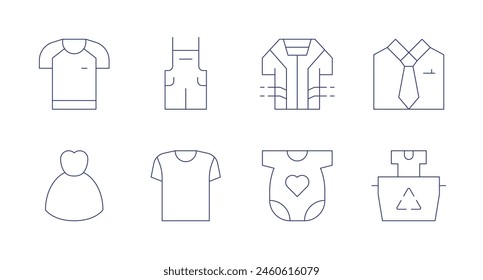 Iconos de ropa. Trazo editable. Conteniendo camisa, vestido, overol, camiseta, ropa de bebé, ropa inteligente, ropa, traje.