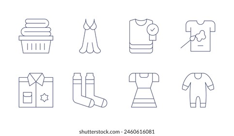 Clothing icons. Editable stroke. Containing laundrybasket, policeuniform, nightgown, wintersocks, clothes, babyclothing, tshirt.