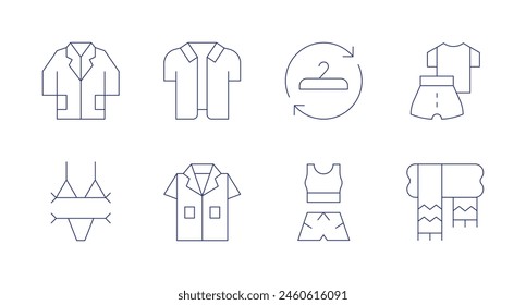 Clothing icons. Editable stroke. Containing labcoat, bikini, safari, hawaiian, sportclothes, clotheshanger, clothing, scarf.