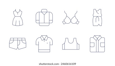 Clothing icons. Editable stroke. Containing dress, short, poloshirt, jacket, bra, sportbra, clothes, shirt.