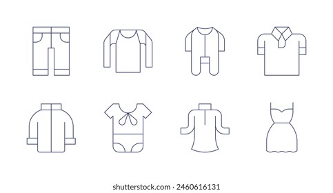 Clothing icons. Editable stroke. Containing coat, jeans, tshirt, babydress, clothes, babyclothes, poloshirt, dress.