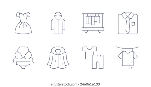 Clothing icons. Editable stroke. Containing dress, bikini, furcoat, raincoat, clothesrack, ppe, tshirt, shirt.