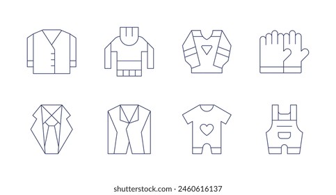Clothing icons. Editable stroke. Containing cardigan, suit, sweater, clothes, babyclothes, overall, gloves.