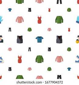 clothing icons pattern seamless. Included editable flat dress, t-shirt, trousers, blouse, vest, jumper, rich man, sneakers, Garden gloves icons. clothing icons for web and mobile.