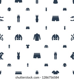 clothing icons pattern seamless white background. Included editable filled dress, sweater, T shirt, woman pants, jacket, man underwear icons. clothing icons for web and mobile.