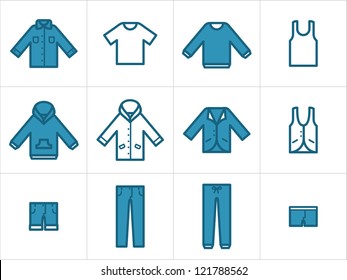 Clothing icons set 1. Set  of 12 men and unisex clothing icons. Easy to edit, resize and colorize