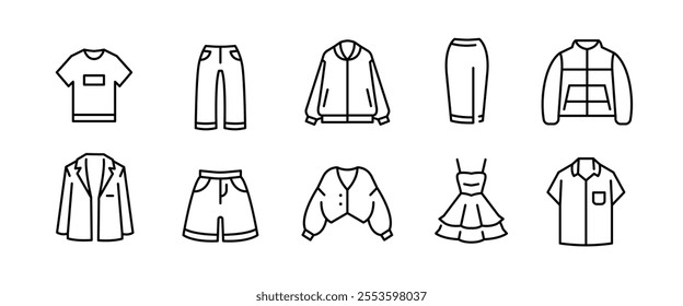 Clothing icons. Set of 10 trendy minimal clothing icons. Example: Dress, Bra, Jacket, Shirt, Skirt icon. Design signs for web page, mobile app, packaging design. Vector illustration