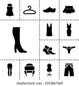 Clothing icons. set of 13 editable filled clothing icons such as singlet, pants, skirt, dress, winter hat, panties with heart, hanger, soccer trainers, woman boot, mannequin