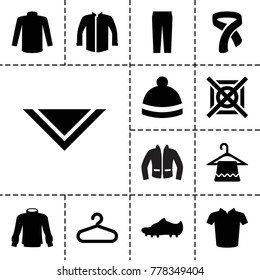 Clothing icons. set of 13 editable filled clothing icons such as hanger, sweater, t-shirt, jacket, cravat, pants, winter hat, soccer trainers, no dry cleaning