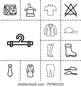 Clothing icons. set of 13 editable outline clothing icons such as hanger, no bleaching, slippers, boot, overcoat, tie, underwear with heart, woman boots, blouse, woman pants