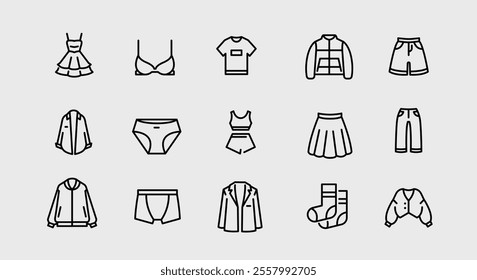 Clothing icons. Set of 15 trendy minimal clothing icons. Example: Dress, Bra, Jacket, Shirt, Skirt icon. Design signs for web page, mobile app, packaging design. Vector illustration