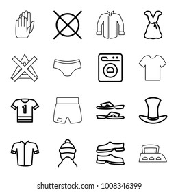 Clothing icons. set of 16 editable outline clothing icons such as baby cap, no dry cleaning, slippers, jacket, dress, t-shirt, hat, washing machine, glove, iron, no bleaching