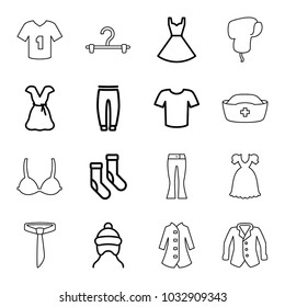 Clothing icons. set of 16 editable outline clothing icons such as baby cap, socks, t-shirt, underpants, dress, hanger, bra, tie, woman pants, winter hat, jacket, overcoat