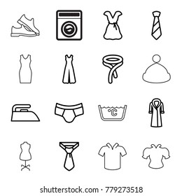 Clothing icons. set of 16 editable outline clothing icons such as iron, man underwear, tie, jumpsuit, dress, overcoat, washing machine, laundry, mannequin, man shoe, t-shirt