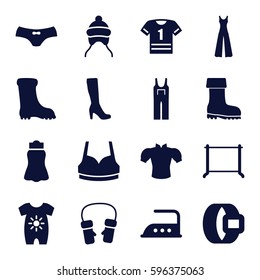 clothing icons set. Set of 16 clothing filled icons such as baby onesie, baby cap, woman boot, iron, hanger, boot, female underwear, sport bra, blouse, jumpsuit, skirt