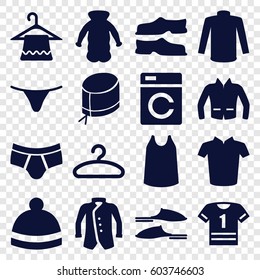 Clothing icons set. set of 16 clothing filled icons such as washing machine, hanger, slippers, man underwear, female underwear, sweater, singlet, T-shirt, winter hat, jacket