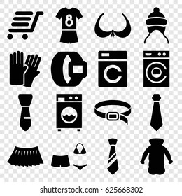 Clothing icons set. set of 16 clothing filled icons such as washing machine, baby cap, glove, bra, skirt, belt, overcoat, tie, luggage cart, swimsuit