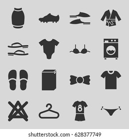 Clothing icons set. set of 16 clothing filled icons such as baby onesie, hanger, panties with heart, washing machine, no bleaching, slippers, bra, skirt, bow tie, kimono