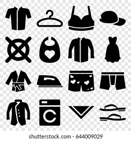 Clothing icons set. set of 16 clothing filled icons such as washing machine, baby bid, iron, no dry cleaning, man underwear, sport bra, jacket, cravat, underwear with heart