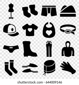Clothing icons set. set of 16 clothing filled icons such as baby socks, baby bid, gloves, mannequin, socks, slippers, boot, man underwear, female underwear, woman pants