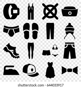 Clothing icons set. set of 16 clothing filled icons such as baby cap, iron, no dry cleaning, slippers, boot, man underwear, underpants, bow tie, pants, jumpsuit, baseball cap