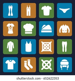 Clothing icons set. set of 16 clothing filled icons such as no dry cleaning, socks, female underwear, singlet, t-shirt, jumpsuit, woman pants, winter hat, jacket, chef hat
