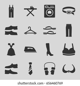 Clothing icons set. set of 16 clothing filled icons such as hanger, bra, woman boot, ironing table, iron, slippers, man shoe, sport bra, woman pants, jumpsuit, dress, mittens