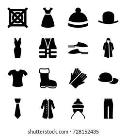 Clothing icons set. set of 16 clothing filled icons such as boot, baby cap, hat, dress, gloves, no dry cleaning, overcoat, slippers, t-shirt, woman pants, winter hat, tie