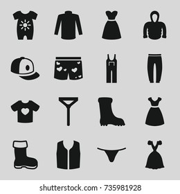 Clothing icons set. set of 16 clothing filled icons such as boot, baby onesie, dress, female underwear, sweater, underpants, sleeveless shirt, tie, jumpsuit, baseball cap