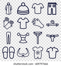 Clothing icons set. set of 16 clothing outline icons such as baby onesie, bra, gloves, hanger, overcoat, slippers, T-shirt, blouse, tie, pants, woman pants, winter hat