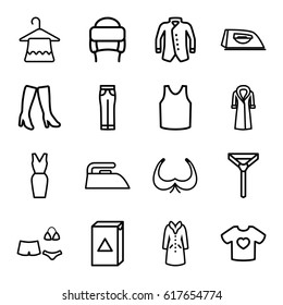 Clothing icons set. set of 16 clothing outline icons such as bra, hanger, iron, washing machine, woman boots, singlet, tie, woman pants, dress, winter hat, jacket, overcoat