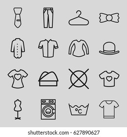 Clothing icons set. set of 16 clothing outline icons such as hat, washing machine, laundry, no dry cleaning, hanger, mannequin, jacket, blouse, pants, tie, bow tie