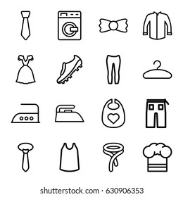 Clothing icons set. set of 16 clothing outline icons such as washing machine, baby bid, iron, singlet, jacket, tie, pants, woman pants, dress, bow tie, hanger, chef hat