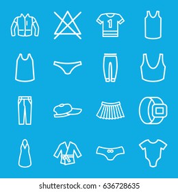 Clothing icons set. set of 16 clothing outline icons such as baby onesie, no bleaching, female underwear, sport bra, dress, singlet, underpants, pants, skirt, jacket, kimono