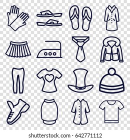 Clothing icons set. set of 16 clothing outline icons such as gloves, iron, slippers, tie, woman pants, skirt, winter hat, overcoat, t-shirt with heart, hat, flip flops