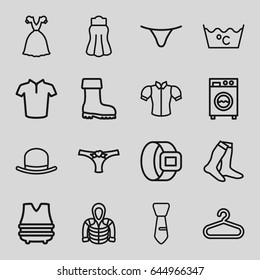 Clothing icons set. set of 16 clothing outline icons such as hanger, hat, laundry, socks, female underwear, t-shirt, blouse, skirt, dress, hoodie, tie, boot