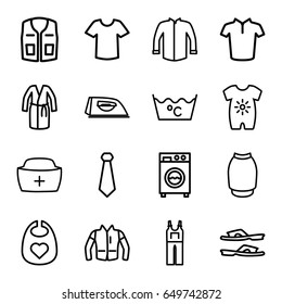 Clothing icons set. set of 16 clothing outline icons such as baby onesie, baby bid, iron, laundry, slippers, t-shirt, jacket, dress, sleeveless shirt, jumpsuit, skirt