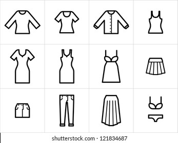 Clothing icons set 2. Set of 12 women clothing icons in black and white.