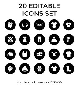 Clothing icons. set of 20 editable filled clothing icons such as glove, bra, gloves, no bleaching, slippers, sleeveless shirt, winter hat, jacket, boot, t-shirt with heart