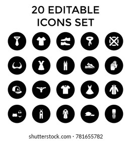 Clothing icons. set of 20 editable filled clothing icons such as bra, man shoe, t-shirt, tie, jumpsuit, dress, baseball cap. best quality clothing elements in trendy style.