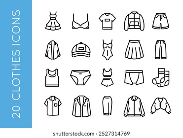 Ícones de roupas. Conjunto de 20 ícones da moda roupa mínima. Exemplo: Vestido, Sutiã, Jaqueta, Camisa, Ícone de saia. Sinais de design para página da Web, aplicativo móvel, design de embalagem. Ilustração vetorial