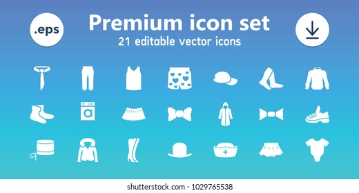 Clothing icons. set of 21 editable filled clothing icons includes baby onesie, hat, socks, bow tie, skirt, overcoat, trainers, baseball cap, washing machine, woman boots