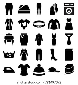 Clothing icons. set of 25 editable filled clothing icons such as woman boot, washing machine, laundry, tie, dress, winter hat, overcoat, nurse hat, chef hat, baby onesie