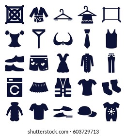 Clothing icons set. set of 25 clothing filled icons such as washing machine, baby socks, baby onesie, hanger, bra, no dry cleaning, slippers, man shoe, T-shirt, singlet